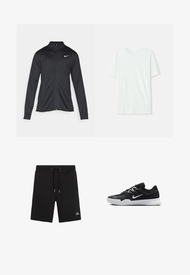 Čierna športová bunda s dlhými rukávmi, golierom a plným zipsom. Obsahuje nenápadné logo Nike v bielej farbe na hornej ľavej hrudi. Hladká textúra.; Svetlo mentolová kráťacia tričko s krátkym rukávom vyrobené z jemnej látky. Má okrúhly výstrih a jednoduchý, rovný strih bez ozdôb.; Čierne krátke tepláky z fleecového materiálu s elastickým pásom a šnúrkou na stiahnutie. Obsahujú dve bočné vrecká a biele logo na dolnej ľavej nohe.; Čierna športová topánka s textúrovaným zvrškom, bielym logom Nike a bielou gumovou podrážkou. Má šnurovací dizajn a dynamický tvar.