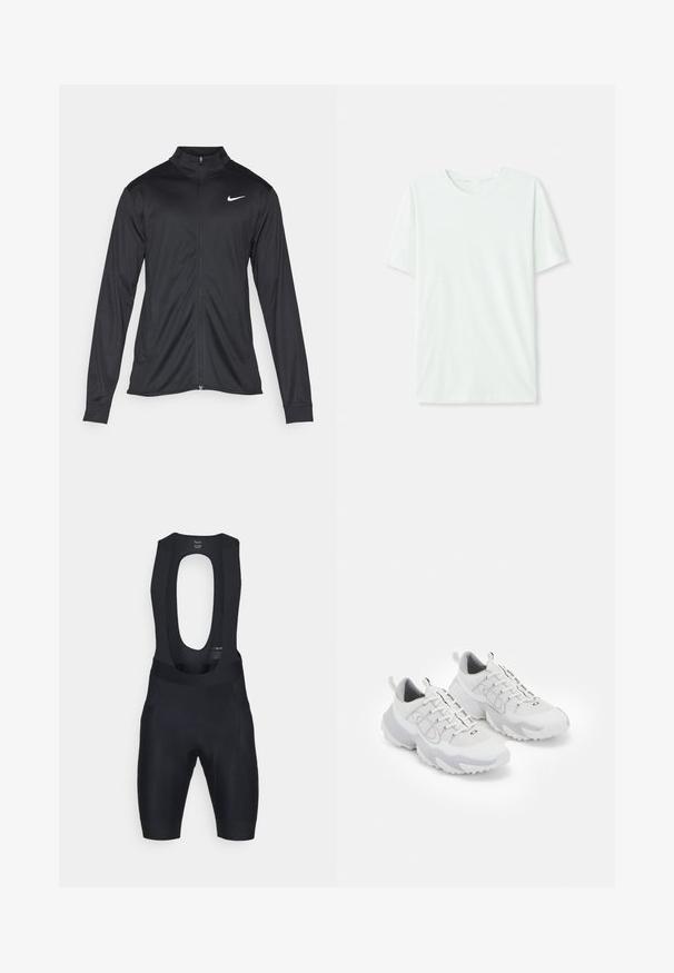 Zwarte sportjack met lange mouwen, kraag en volle rits. Voorzien van een subtiele Nike-logo in het wit op de bovenste linkerborst. Soepele textuur.; Licht mintgroen T-shirt met korte mouwen, gemaakt van zachte stof. Het heeft een ronde halslijn en een simpele, rechte snit zonder versieringen.; Zwart fietsbroek met bretels, met een uitsnede op de rug, een gevoerde inzet en een strakke pasvorm. Gemaakt van rekbaar materiaal voor comfort en flexibiliteit.; Witte sportieve schoenen met een bovenwerk van mesh, grijze accenten, een gestructureerde rubberen zool en trek lipjes op de hiel; heeft een vetersluiting.