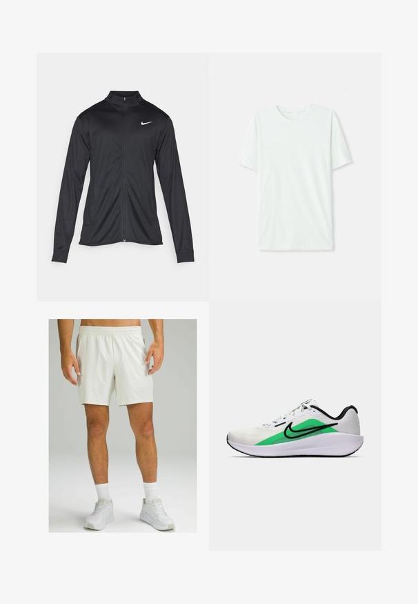 Zwarte sportjack met lange mouwen, kraag en volle rits. Voorzien van een subtiele Nike-logo in het wit op de bovenste linkerborst. Soepele textuur.; Licht mintgroen T-shirt met korte mouwen, gemaakt van zachte stof. Het heeft een ronde halslijn en een simpele, rechte snit zonder versieringen.; lululemon PACE BREAKER *LINED 18 CM - Korte broeken - bone; Witte sportieve schoen met een groene accenta, zwart logo, bovenwerk van mesh, gevoerde zool en een afgeronde hak. Voorzien van veters en contrasterende details.