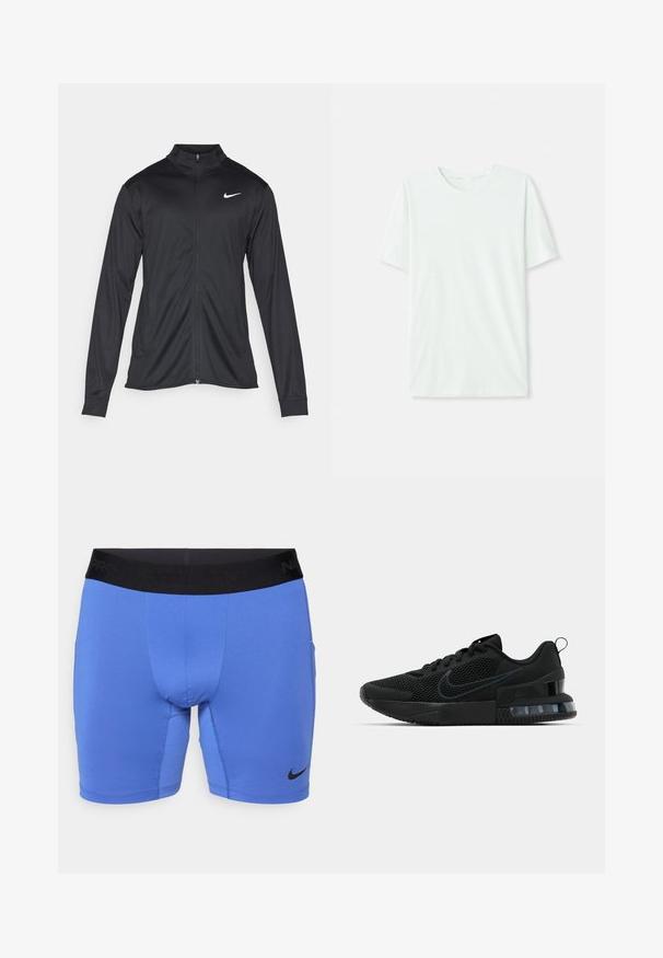 Zwarte sportjack met lange mouwen, kraag en volle rits. Voorzien van een subtiele Nike-logo in het wit op de bovenste linkerborst. Soepele textuur.; Licht mintgroen T-shirt met korte mouwen, gemaakt van zachte stof. Het heeft een ronde halslijn en een simpele, rechte snit zonder versieringen.; Blauwe sportshorts van rekbaar materiaal, met een zwarte elastische tailleband met de tekst "Nike Pro" en een klein zwart logo aan de onderkant links.; Zwarte Nike sportschoen met een bovenwerk van mesh, rubberen zool, gepolsterde kraag en een opvallende transparante hakaccent.