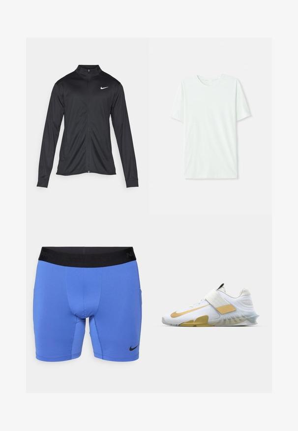 Černá sportovní bunda s dlouhými rukávy, límcem a plným zipem. Má decentní bílou logo značky Nike na horní levé části hrudi. Hladká textura.; Světle máková zelená krátkosrstá tričko vyrobené z měkké tkaniny. Má kulatý výstřih a jednoduchý, rovný střih bez ozdob.; Modré sportovní šortky vyrobené z elastického materiálu, s černým elastickým pasem s textem "Nike Pro" a malým černým logem na dolním levém rohu.; Bílé sportovní boty se zlatými akcenty, texturovaný síťovaný svršek, polstrovaný límec a průhledná gumová podrážka; mají široký popruh přes střední část nohy.