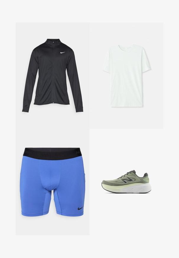 Jachetă sportivă neagră cu mâneci lungi, guler și fermoar complet. Prezintă un logo Nike subtil, alb, pe pieptul din stânga sus. Textură netedă.; Tricou scurt, de culoare verde mentă, din țesătură moale. Are un gât rotund și o croială simplă, dreaptă, fără embellishments.; Shorts atletici bleumarin din material elastic, având o talie elastică neagră cu textul "Nike Pro" și un mic logo negru în partea stângă jos.; Sandală de alergare New Balance verde și neagră, cu partea superioară din plasă, brant alb gros și amortizat, și talpă neagră, prezentată în profil lateral pe un fundal alb.