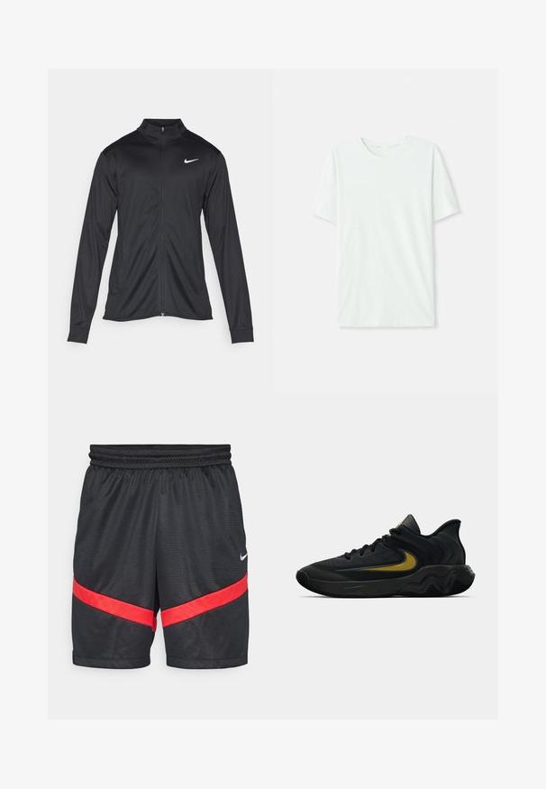 Melna sporta jaka ar garām piedurknēm, apkakli un pilnu rāvējslēdzēju. Uz kreisā krūts augšdaļas ir maigs Nike logo baltā krāsā. Gluda tekstūra.; Gai mints zaļš īsu piedurkņu T-krekls, izgatavots no mīkstas auduma. Tam ir apaļa kakla izgriezuma forma un vienkāršs, taisns griezums bez rotājumiem.; Nike Performance ICON SHORT - Sporta šorti - black/university red/white; Melna un tumši pelēka sporta apavu pāris ar melnām auklām un zelta Swoosh logo, ar viļņotu zolītes dizainu un polsterētu papēdi.