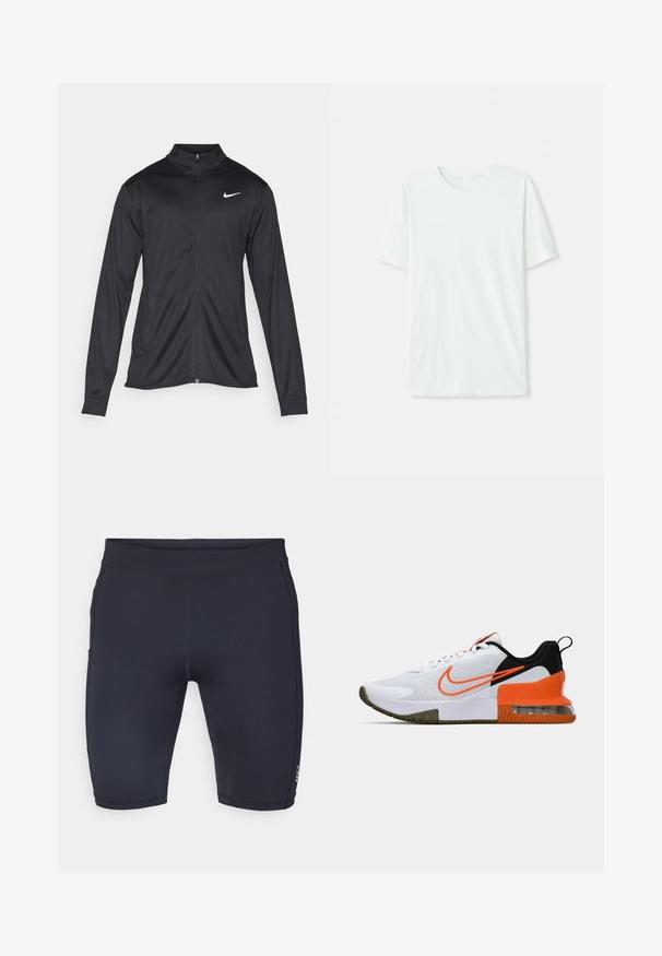 Melna sporta jaka ar garām piedurknēm, apkakli un pilnu rāvējslēdzēju. Uz kreisā krūts augšdaļas ir maigs Nike logo baltā krāsā. Gluda tekstūra.; Gai mints zaļš īsu piedurkņu T-krekls, izgatavots no mīkstas auduma. Tam ir apaļa kakla izgriezuma forma un vienkāršs, taisns griezums bez rotājumiem.; Jūras spēku šorti, kas izgatavoti no elastīga materiāla ar pieguļošu dizainu. Raksturīgas gludas šuves un neliels logs kreisajā kājā.; Balti sporta apavi ar teksturētu sieta augšējo daļu, melniem un oranžiem akcentiem, biezu gumijas zoli un caurspīdīgu gaisa spilvenu daļu pie papēža.