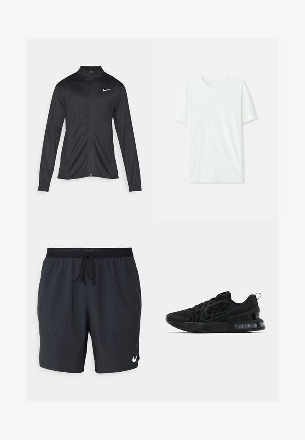 Jachetă sportivă neagră cu mâneci lungi, guler și fermoar complet. Prezintă un logo Nike subtil, alb, pe pieptul din stânga sus. Textură netedă.; Tricou scurt, de culoare verde mentă, din țesătură moale. Are un gât rotund și o croială simplă, dreaptă, fără embellishments.; Pantaloni scurți de alergare negri Nike cu un elastic la talie și șnur de ajustare, două buzunare laterale și un logo alb pe piciorul din dreapta jos. Textură de țesătură netedă.; Adidași negri Nike cu partea superioară din plasă, talpă texturată și unitate de aer vizibilă în călcâi. Accente și logo într-o nuanță mai închisă de negru.