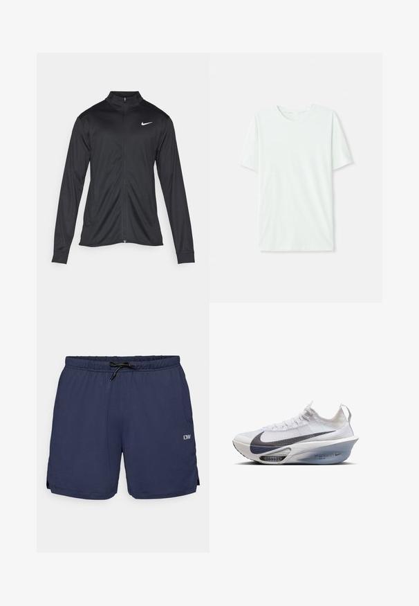 Jachetă sportivă neagră cu mâneci lungi, guler și fermoar complet. Prezintă un logo Nike subtil, alb, pe pieptul din stânga sus. Textură netedă.; Tricou scurt, de culoare verde mentă, din țesătură moale. Are un gât rotund și o croială simplă, dreaptă, fără embellishments.; Șorturi de baie bleumarin, cu un model texturat, talie elastică și șnur ajustabil. Dispune de crăpături laterale pentru mobilitate și detaliu cu logo.; Adidașii Nike pentru alergare în textil alb cu un swoosh gri, o formă aerodinamică, o talpă intermediară transparentă și amortizare vizibilă cu aer.