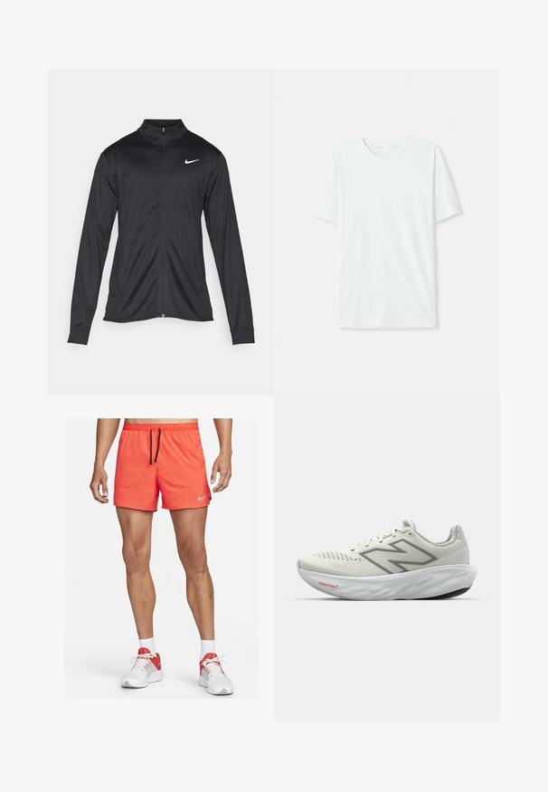 Svart idrottsjacka med långa ärmar, krage och full dragkedja. Har en diskret Nike-logga i vitt på övre vänstra bröstet. Slät yta.; Ljus mintgrön t-shirt med kort ärm gjord av mjukt tyg. Har rundad halsringning och en enkel, rak passform utan utsmyckningar.; Nikes herr-löparshorts i stark orange, med en elastisk midja och snörning, sidofickor och en liten grå logotypakcent.; Löparskor i vitt med grå accenter. Meshöverdel, texturerad sula och framträdande "N"-logotyp. Har en vadderad krage och "Fresh Foam"-märke.