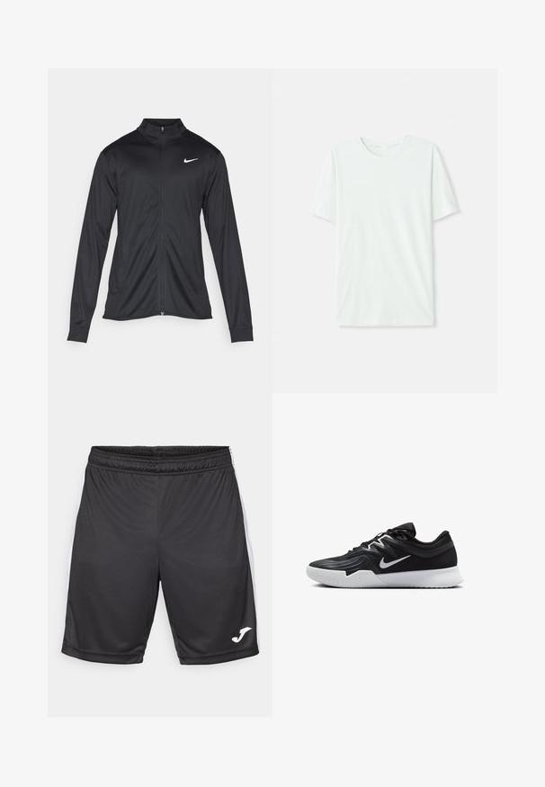 Fekete sportdzseki hosszú ujjal, gallérral és teljes cipzárral. Diszkrét fehér Nike logóval az upper bal mellen. Sima textúra.; Világos menta zöld, rövidujjú póló, puha anyagból készült. Kerek nyakkivágással és egyszerű, egyenes szabással rendelkezik, díszítések nélkül.; Fekete sportnadrág sima textúrával, fehér oldalsávokkal és logóval az alsó szegélyen. Rugalmas derékpánt a kényelemért.; Fekete sportcipő texturált felsőrésszel, fehér Nike logóval és fehér gumitalppal. Fűzős kialakítással és dinamikus formával rendelkezik.