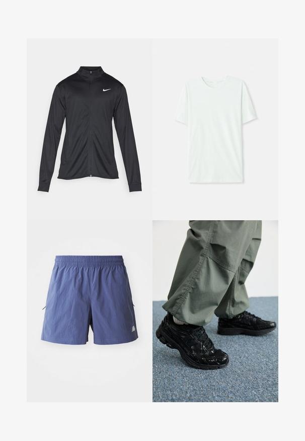Černá sportovní bunda s dlouhými rukávy, límcem a plným zipem. Má decentní bílou logo značky Nike na horní levé části hrudi. Hladká textura.; Světle máková zelená krátkosrstá tričko vyrobené z měkké tkaniny. Má kulatý výstřih a jednoduchý, rovný střih bez ozdob.; Pánské šortky světle fialové barvy, vyrobené z lehkého materiálu. Mají elastický pás, boční kapsy a logo na lemu.; Černé sportovní tenisky s lesklou a síťovou texturou, s silnou podrážkou a tkaničkami, spárované s volnými olivově zelenými cargo kalhotami.