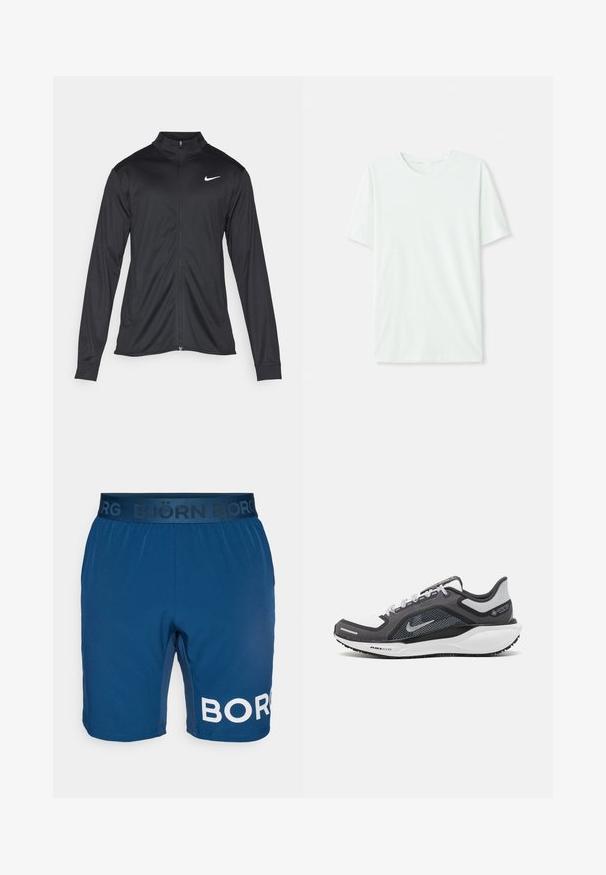 Čierna športová bunda s dlhými rukávmi, golierom a plným zipsom. Obsahuje nenápadné logo Nike v bielej farbe na hornej ľavej hrudi. Hladká textúra.; Svetlo mentolová kráťacia tričko s krátkym rukávom vyrobené z jemnej látky. Má okrúhly výstrih a jednoduchý, rovný strih bez ozdôb.; Björn Borg SHORTS - Športové šortky - blue wing teal; Čierna a sivá športová obuv s vrchnou časťou z priedušného materiálu, reflexné akcenty a biely medzipodrážka. Obsahuje štruktúrovanú gumovú podrážku a šnúrky.
