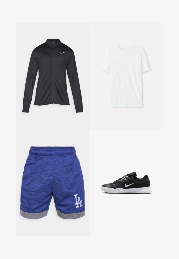 Jacket desportivo preto com mangas longas, colarinho e fecho zip completo. Apresenta um discreto logotipo da Nike em branco na parte superior do lado esquerdo do peito. Textura suave.; T-shirt curto de manga curta em verde menta claro, feito de tecido suave. Apresenta um decote redondo e um corte simples e reto, sem adornos.; Bermudas desportivas em malha azul com um acabamento cinzento. Apresentam um cós elástico e um logo branco "LA" na perna esquerda. Tecido leve e respirável.; Sapatilha atlética preta com um cabedal texturizado, swoosh branco da Nike e uma sola de borracha branca. Apresenta um design com atacadores e uma forma dinâmica.