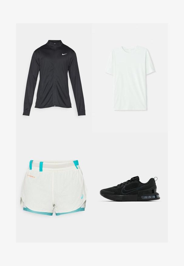 Veste de sport noire à manches longues, avec col et fermeture éclair intégrale. Présente un logo Nike subtil en blanc sur le côté supérieur gauche de la poitrine. Texture lisse.; T-shirt à manches courtes vert menthe clair en tissu doux. Dispose d'un col rond et d'une coupe simple et droite sans embellissements.; Shorts légers, avec doublure en mesh, de couleur blanche avec des accents turquoise. Présente un motif en grille, une taille à cordon de serrage et des fentes latérales pour plus de mobilité.; Baskets de sport Nike noires avec dessus en maille, semelle en caoutchouc, col rembourré et un accent distinctif au talon transparent.