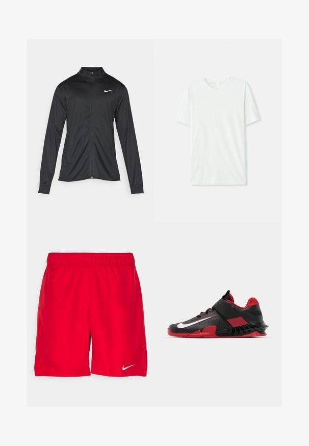 Čierna športová bunda s dlhými rukávmi, golierom a plným zipsom. Obsahuje nenápadné logo Nike v bielej farbe na hornej ľavej hrudi. Hladká textúra.; Svetlo mentolová kráťacia tričko s krátkym rukávom vyrobené z jemnej látky. Má okrúhly výstrih a jednoduchý, rovný strih bez ozdôb.; Červené športové šortky s elastickým pásom, vyrobené z ľahkého materiálu. Na dolnej ľavej strane sa nachádza malé strieborné logo Nike.; Čierne a červené športové tenisky s elegantným dizajnom, textúrovaným sieťovým zvrškom, odolnou gumovou podrážkou a výrazným bielym logom.