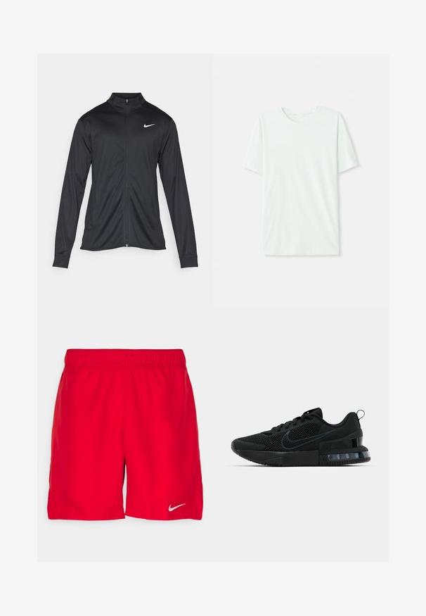 Must värvi sportlik jakk pikkade varrukatega, krae ja täispikk tõmblukk. Ülemises vasakus rinnas on diskreetne valge Nike logo. Sile tekstuur.; Heleheline mintroheline lühikeste varrukatega t-särk, mis on valmistatud pehmest kangast. Omab ümmargust kaelust ja lihtsat, sirget lõiget ilma kaunistusteta.; Punased sportlikud lühikesed püksid elastse vöökohtaga, valmistatud kergest kangast. Vasakus alumises nurgas on väike hõbedane Nike logo.; Must must Ameerika must must must must must must must