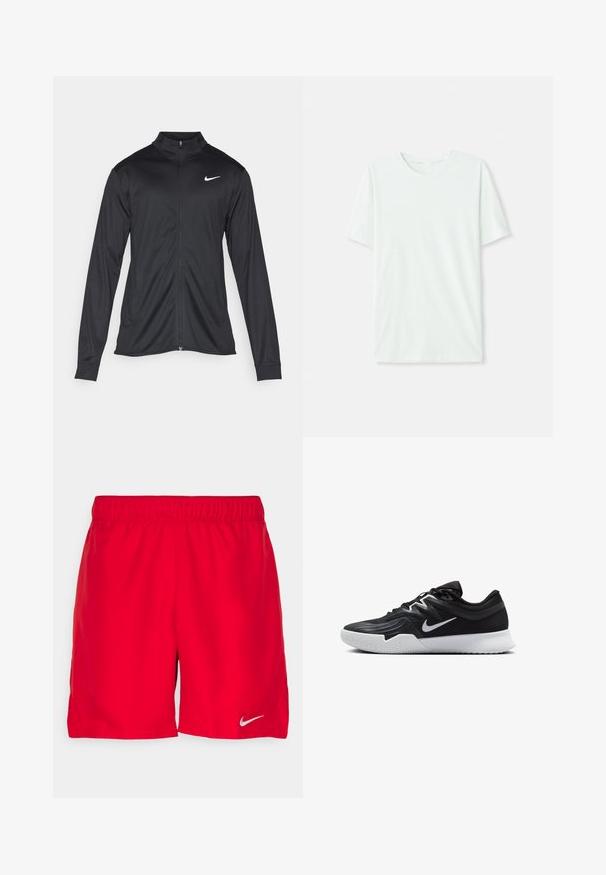 Jachetă sportivă neagră cu mâneci lungi, guler și fermoar complet. Prezintă un logo Nike subtil, alb, pe pieptul din stânga sus. Textură netedă.; Tricou scurt, de culoare verde mentă, din țesătură moale. Are un gât rotund și o croială simplă, dreaptă, fără embellishments.; Shorts sportive roșii cu talie elastică, fabricate dintr-un material ușor. Prezentă un mic logo argintiu Nike în colțul din stânga jos.; Pantof sport negru cu un superior texturat, swoosh alb Nike și o tălpică din cauciuc alb. Dispune de un design cu șireturi și o formă dinamică.