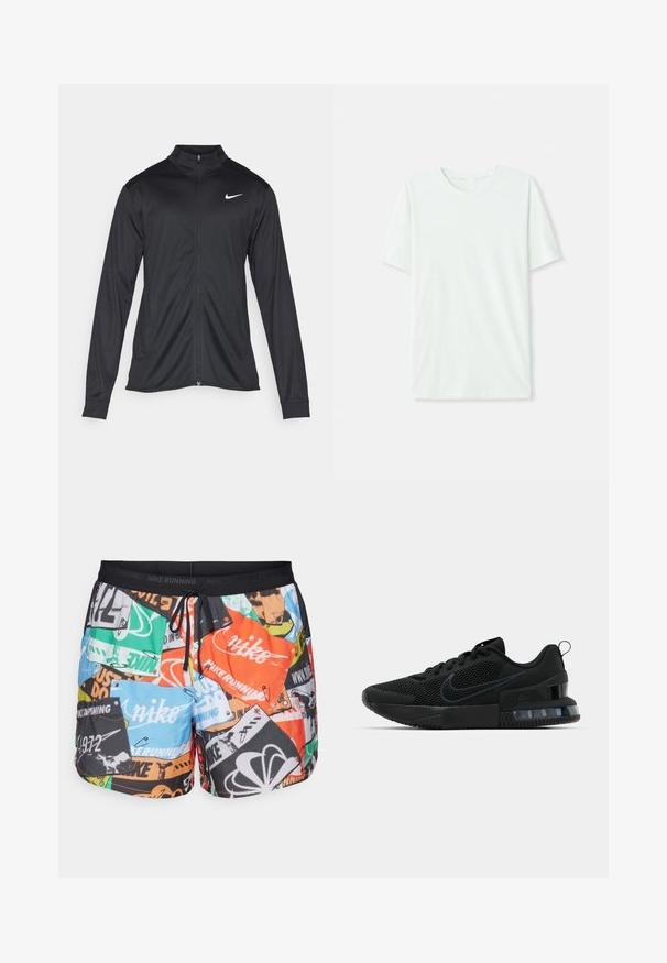 Čierna športová bunda s dlhými rukávmi, golierom a plným zipsom. Obsahuje nenápadné logo Nike v bielej farbe na hornej ľavej hrudi. Hladká textúra.; Svetlo mentolová kráťacia tričko s krátkym rukávom vyrobené z jemnej látky. Má okrúhly výstrih a jednoduchý, rovný strih bez ozdôb.; Nike Performance STRIDE RUN ENERGY - Športové šortky - total orange/black/reflective silver; Čierna atletická obuv Nike so sieťovinovým zvrškom, gumovou podrážkou, polstrovaným golierom a výrazným priehľadným akcentom na podpätku.