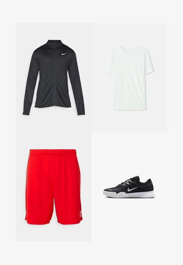 Jachetă sportivă neagră cu mâneci lungi, guler și fermoar complet. Prezintă un logo Nike subtil, alb, pe pieptul din stânga sus. Textură netedă.; Tricou scurt, de culoare verde mentă, din țesătură moale. Are un gât rotund și o croială simplă, dreaptă, fără embellishments.; Shorts atletici roșii realizati dintr-un material ușor, cu un waistband elastic, textură netedă și un detaliu cu logo în partea dreaptă jos.; Pantof sport negru cu un superior texturat, swoosh alb Nike și o tălpică din cauciuc alb. Dispune de un design cu șireturi și o formă dinamică.