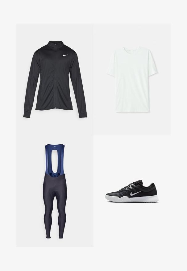 Giacca sportiva nera con maniche lunghe, colletto e zip completa. Presenta un logo Nike in bianco sulla parte superiore del lato sinistro del petto. Tessuto morbido.; T-shirt corto a maniche corte di un leggero verde menta, realizzato in tessuto morbido. Presenta un colletto a girocollo e una silhouette semplice e dritta senza decorazioni.; Rapha MENS CORE WINTER WITH PAD - Leggings - dark navy/navy; Scarpa sportiva nera con tomaia testurizzata, logo Nike swoosh bianco e suola in gomma bianca. Presenta un design con lacci e una forma dinamica.