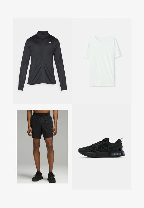 Schwarze Sportjacke mit langen Ärmeln, Kragen und voller Reißverschluss. Verfügt über ein dezentes Nike-Logo in Weiß auf der oberen linken Brust. Glatte Textur.; Helles mintgrünes T-Shirt mit kurzen Ärmeln aus weichem Stoff. Es hat einen Rundhalsausschnitt und einen schlichten, geraden Schnitt ohne Verzierungen.; Schwarze Sportshorts mit elastischem Bund und Kordelzug, knielangen Schnitten und einer glatten, leichten Stofftextur.; Schwarzer Nike Sportschuh mit einem Mesh-Obermaterial, gummierter Sohle, gepolstertem Kragen und einem auffälligen transparenten Fersenakzent.