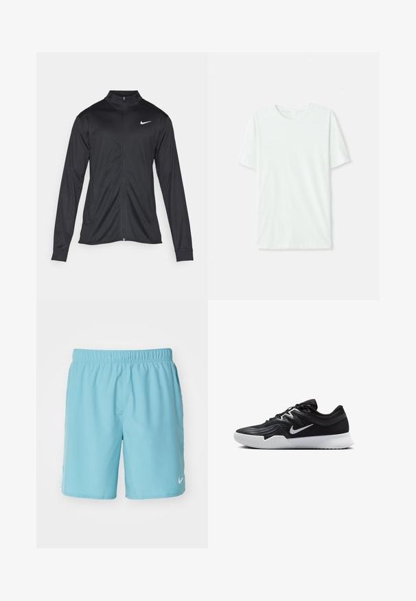 Melna sporta jaka ar garām piedurknēm, apkakli un pilnu rāvējslēdzēju. Uz kreisā krūts augšdaļas ir maigs Nike logo baltā krāsā. Gluda tekstūra.; Gai mints zaļš īsu piedurkņu T-krekls, izgatavots no mīkstas auduma. Tam ir apaļa kakla izgriezuma forma un vienkāršs, taisns griezums bez rotājumiem.; Nike Performance CHALLENGER SHORT - Sporta šorti - denim turq/glacier blue/black/silver; Melni sporta apavi ar teksturētu virsu, balto Nike zulumu un balto gumijas zoli. Iezīmējas ar auklu pievilkšanas dizainu un dinamisku formu.