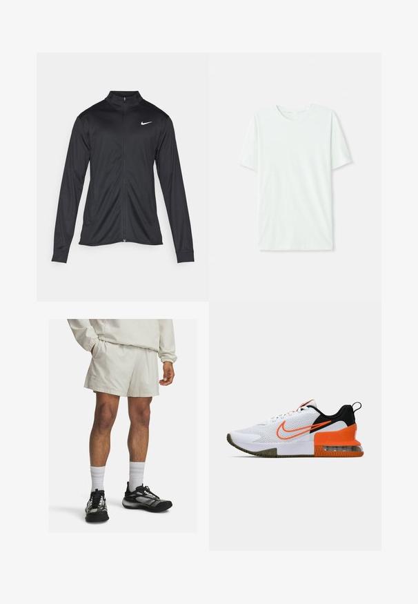 Juodas sportinis švarkas su ilgomis rankovėmis, apykakle ir pilnu užtrauktuku. Yra subtilus baltas Nike logotipas kairėje krūtinės pusėje. Lygus tekstūra.; Šviesiai mėtos žalios spalvos trumpų rankovių marškinėliai, pagaminti iš minkštos medžiagos. Turi apvalią iškirptę ir paprastą tiesų siluetą be dekoro.; Šviesiai rudos sportinės šortai su elastinga juosta ir šoninėmis kišenėmis, derinami su juodais ir pilkais sportiniais bateliais bei baltais puskojinėmis.; Baltas sportinis batas su tekstūruota tinkline viršutine dalimi, juodais ir oranžiniais akcentais, storu guminio pado sluoksniu ir AIr pagalvės skaidriąja dalimi kulne.