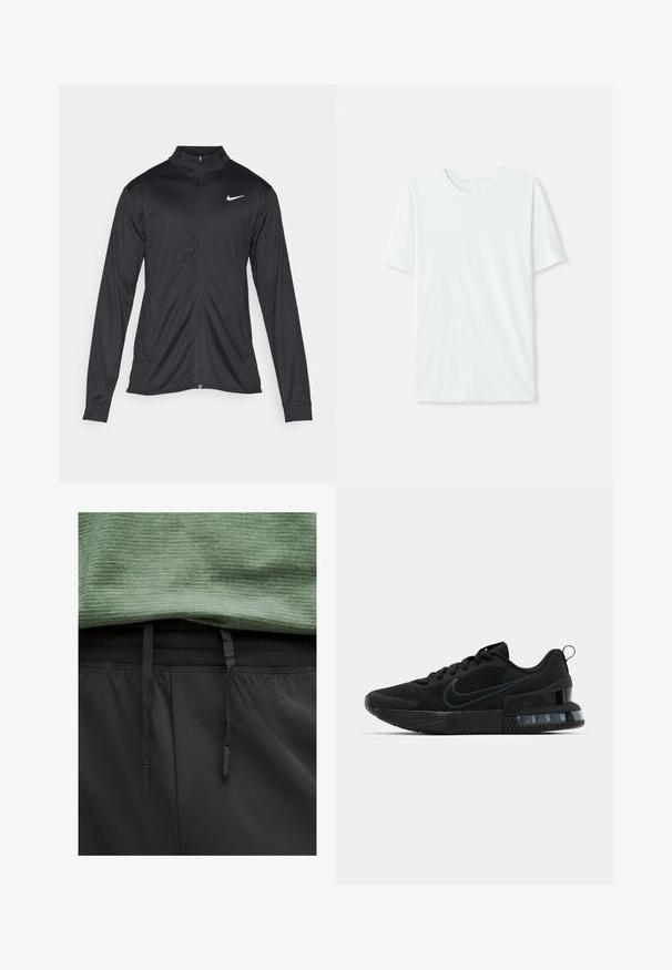 Jachetă sportivă neagră cu mâneci lungi, guler și fermoar complet. Prezintă un logo Nike subtil, alb, pe pieptul din stânga sus. Textură netedă.; Tricou scurt, de culoare verde mentă, din țesătură moale. Are un gât rotund și o croială simplă, dreaptă, fără embellishments.; Cămașă sport verde cu un termin de textură, suprapusă peste șorturi negre cu talie ajustabilă și țesătură netedă.; Pantofii atletici negri Nike au un superior din plasă, talpă din cauciuc, guler căptușit și un accent distinct transparent în călcâi.