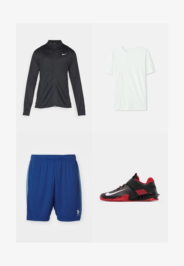 Musta urheilutakki pitkillä hihoilla, kauluksella ja kokonaisella vetoketjulla. Täydentää hienovarainen Nike-logo valkoisena vasemmassa ylärinnassa. Litteä pinta.; Vihreä mintun värinen lyhythihainen t-paita, joka on valmistettu pehmeästä kankaasta. Siinä on pyöreä kaula-aukko ja yksinkertainen, suora leikkaus ilman koristeita.; Siniset urheilushortsit, jotka on valmistettu kevyestä kankaasta, varustettuna joustavalla vyötärönauhalla ja pienellä logolla oikeassa alakulmassa.; Mustat ja punaiset urheilukengät, joissa on tyylikäs muotoilu, teksturoitu verkkopäällinen, kestävä kumipohja ja näkyvä valkoinen logoväri.