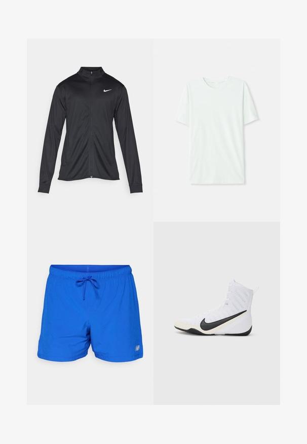 Svart idrottsjacka med långa ärmar, krage och full dragkedja. Har en diskret Nike-logga i vitt på övre vänstra bröstet. Slät yta.; Ljus mintgrön t-shirt med kort ärm gjord av mjukt tyg. Har rundad halsringning och en enkel, rak passform utan utsmyckningar.; Blå badshorts med dragsko i midjan, lättviktig tygkvalitet, perforerat mönster och en New Balance-logotyp på den nedre fållen.; Nike träningsskor i vitt med en svart swoosh. Har en hög design, texturerad ovandel och en hållbar gummisula.