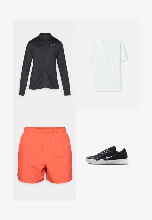 Chaqueta atlética negra con mangas largas, collar y cremallera completa. Presenta un sutil logo de Nike en blanco en la parte superior izquierda del pecho. Textura suave.; Camiseta de manga corta en verde menta claro, hecha de tela suave. Presenta un cuello redondo y un corte recto simple, sin adornos.; Bermudas atléticas color coral con una cinturilla elástica, material ligero y un pequeño logo reflectante en la parte inferior izquierda.; Zapatilla deportiva negra con parte superior texturizada, logo de Nike en blanco y suela de goma blanca. Tiene un diseño con cordones y una forma dinámica.