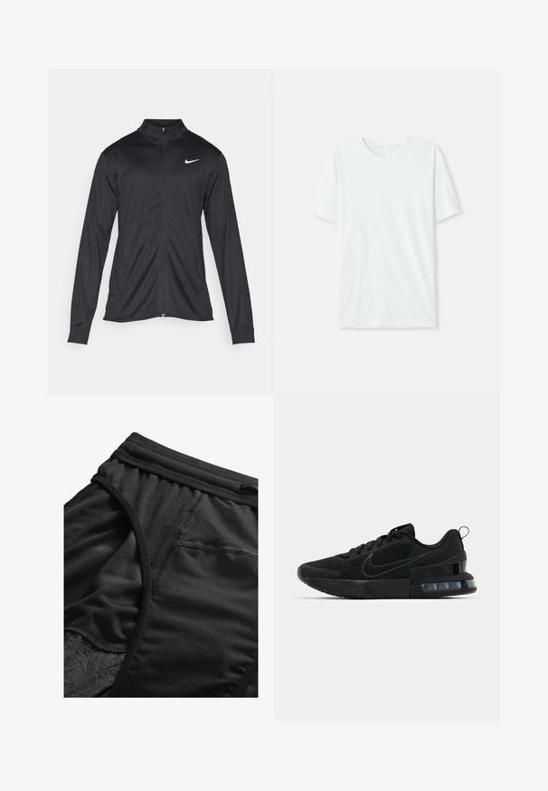 Black athletic jacket with long sleeves, collar, and full zipper. Features a subtle Nike logo in white on the upper left chest. Smooth texture.; Light mint green short-sleeve t-shirt made of soft fabric. Features a crew neckline and a simple, straight cut without embellishments.; Nike Performance RUN STRIDE - Sports shorts - black black; Black Nike athletic shoe featuring a mesh upper, rubber sole, padded collar, and a distinct transparent heel accent.