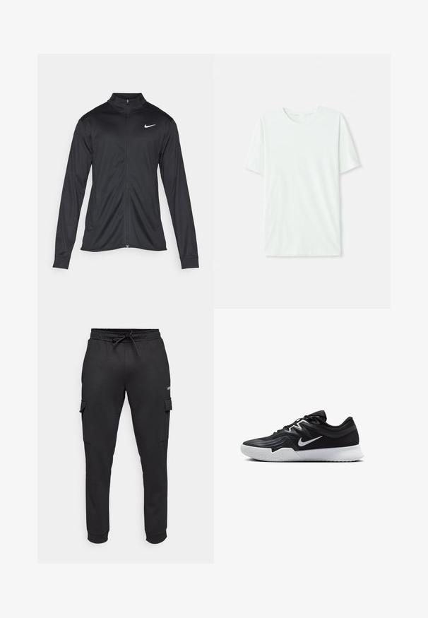 Black athletic jacket with long sleeves, collar, and full zipper. Features a subtle Nike logo in white on the upper left chest. Smooth texture.; Light mint green short-sleeve t-shirt made of soft fabric. Features a crew neckline and a simple, straight cut without embellishments.; Jack & Jones Performance JPSTGORDON JJBASIC ICE CARGO PANTS - Trousers - black; Black athletic shoe with a textured upper, white Nike swoosh, and a white rubber outsole. Features a lace-up design and dynamic shape.