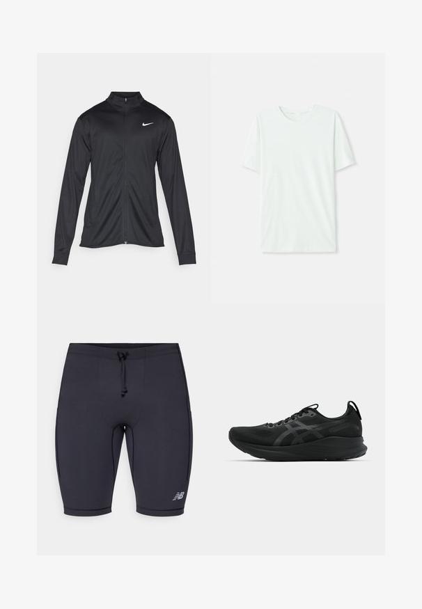 Must värvi sportlik jakk pikkade varrukatega, krae ja täispikk tõmblukk. Ülemises vasakus rinnas on diskreetne valge Nike logo. Sile tekstuur.; Heleheline mintroheline lühikeste varrukatega t-särk, mis on valmistatud pehmest kangast. Omab ümmargust kaelust ja lihtsat, sirget lõiget ilma kaunistusteta.; Musta sportlikud lühikesed püksid, kitsas disain, elastne vöökoht, stringisulgur ja peegeldav logo detail alumisel külgedel.; Mustan värvi sportlik king, millel on võrkmaterjalist ülemine osa, seotud disain, tugevdatud kand ja tekstureeritud talla. Omab peeni peegeldavaid logo aktsente.