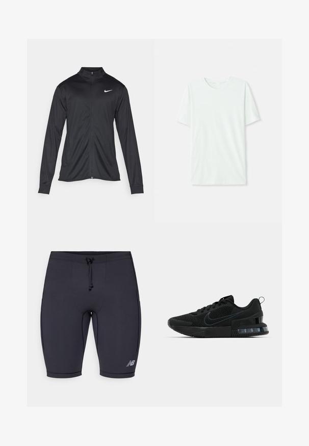 Juodas sportinis švarkas su ilgomis rankovėmis, apykakle ir pilnu užtrauktuku. Yra subtilus baltas Nike logotipas kairėje krūtinės pusėje. Lygus tekstūra.; Šviesiai mėtos žalios spalvos trumpų rankovių marškinėliai, pagaminti iš minkštos medžiagos. Turi apvalią iškirptę ir paprastą tiesų siluetą be dekoro.; Juodi sportiniai šortai su prigludusiu dizainu, elastingu juosmeniu, raišteliu ir atspindinčiu logotipo рiemenų detalės apatinėje dalyje.; Juodas Nike sportinis batas su tinklo viršumi, guminėmis padais, paminkštintu apykakle ir išskirtiniu skaidriu kulno akcentu.