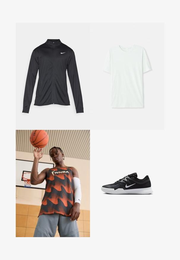 Črna atletska jakna z dolgimi rokavi, ovratnikom in polnim zadrgo. Vključuje diskreten bel Nike logotip na zgornjem levem delu prsnega koša. Gladka tekstura.; Svetlo mint zelena majica s kratkimi rukavi, izdelana iz mehkega blaga. Ima okroglo ovratnico in preprost, ravno kroj brez okrasnih elementov.; Tank top WNBA v oranžni in črni barvi, ki vsebuje valovit vzorec. Ujemite ga z sivimi kratkimi hlačami in belim rokavom, drži košarko nad glavo.; Črne atletske čevlje z teksturirano zgornjico, belim Nike znakom in belim gumijastim zunanjim podplatom. Imajo vezalni dizajn in dinamično obliko.