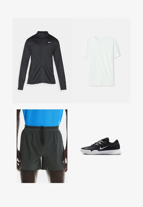 Čierna športová bunda s dlhými rukávmi, golierom a plným zipsom. Obsahuje nenápadné logo Nike v bielej farbe na hornej ľavej hrudi. Hladká textúra.; Svetlo mentolová kráťacia tričko s krátkym rukávom vyrobené z jemnej látky. Má okrúhly výstrih a jednoduchý, rovný strih bez ozdôb.; Pánske tmavosivé plavky s elastickým pásom a šnúrkou. Hladká textúra, dĺžka nad kolená a bočné švy pre väčšiu pohyblivosť.; Čierna športová topánka s textúrovaným zvrškom, bielym logom Nike a bielou gumovou podrážkou. Má šnurovací dizajn a dynamický tvar.
