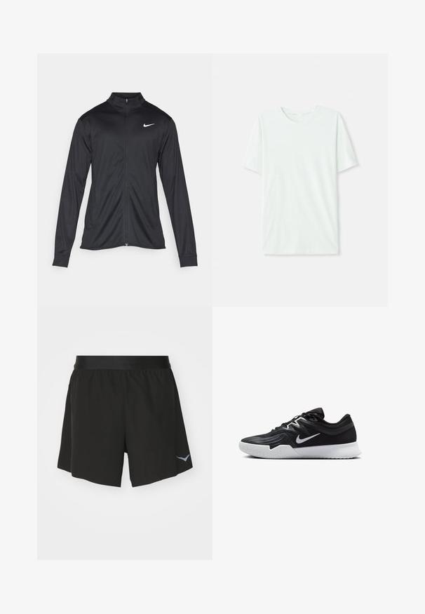 Sort atletisk jakke med lange ærmer, krave og fuld lynlås. Har et diskret Nike-logo i hvidt på den øverste venstre side af brystet. Glat tekstur.; Lys mintgrøn kortærmet T-shirt lavet af blødt stof. Har en rund halsudskæring og et enkelt, lige snit uden dekorationer.; Sorte atletiske shorts lavet af letvægtsstof, med en elastisk talje og et lille blåt logo nederst til venstre.; Sort atletiksko med en tekstureret overdel, hvid Nike swoosh og en hvid gummisål. Har en snørret design og dynamisk form.