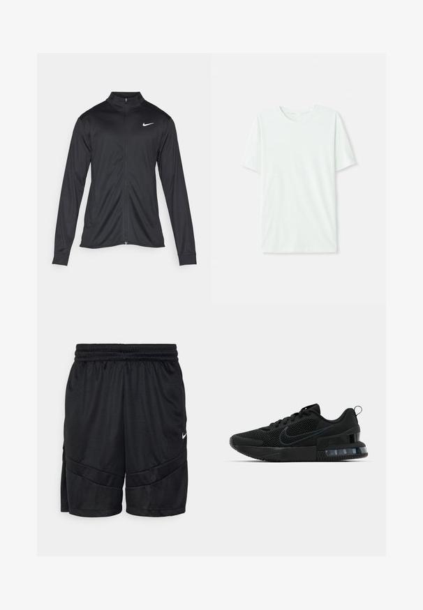 Black athletic jacket with long sleeves, collar, and full zipper. Features a subtle Nike logo in white on the upper left chest. Smooth texture.; Light mint green short-sleeve t-shirt made of soft fabric. Features a crew neckline and a simple, straight cut without embellishments.; Black athletic shorts made of textured mesh fabric, featuring an elastic waistband and intersecting seam details. Small white logo on side.; Black Nike athletic shoe featuring a mesh upper, rubber sole, padded collar, and a distinct transparent heel accent.