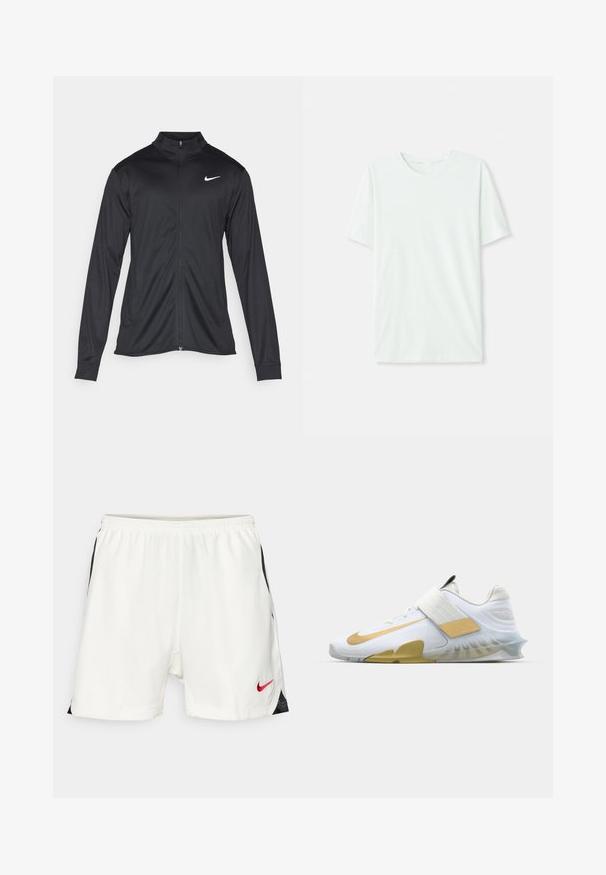 Čierna športová bunda s dlhými rukávmi, golierom a plným zipsom. Obsahuje nenápadné logo Nike v bielej farbe na hornej ľavej hrudi. Hladká textúra.; Svetlo mentolová kráťacia tričko s krátkym rukávom vyrobené z jemnej látky. Má okrúhly výstrih a jednoduchý, rovný strih bez ozdôb.; Biele športové šortky s čiernymi bočnými akcentmi, elastickým pásom a červeným logom Nike na prednej dolnej časti. Hladká, ľahká tkanina.; Biele športové topánky so zlatými akcentmi, textúrové sieťované zvršky, polstrovaný golier a priehľadná gumová podrážka; majú široký popruh cez strednú časť nohy.