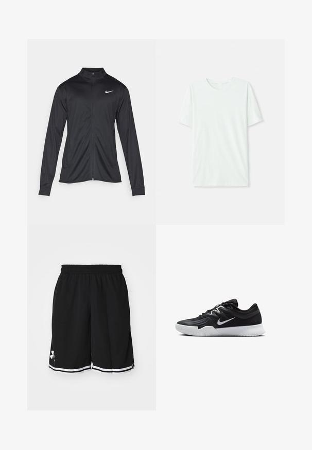 Fekete sportdzseki hosszú ujjal, gallérral és teljes cipzárral. Diszkrét fehér Nike logóval az upper bal mellen. Sima textúra.; Világos menta zöld, rövidujjú póló, puha anyagból készült. Kerek nyakkivágással és egyszerű, egyenes szabással rendelkezik, díszítések nélkül.; Fekete sportos rövidnadrág texturált szövetből. Rugalmas derékrésszel rendelkezik, és fehér csíkok futnak végig a szegélyen. A logó az oldalon látható.; Fekete sportcipő texturált felsőrésszel, fehér Nike logóval és fehér gumitalppal. Fűzős kialakítással és dinamikus formával rendelkezik.