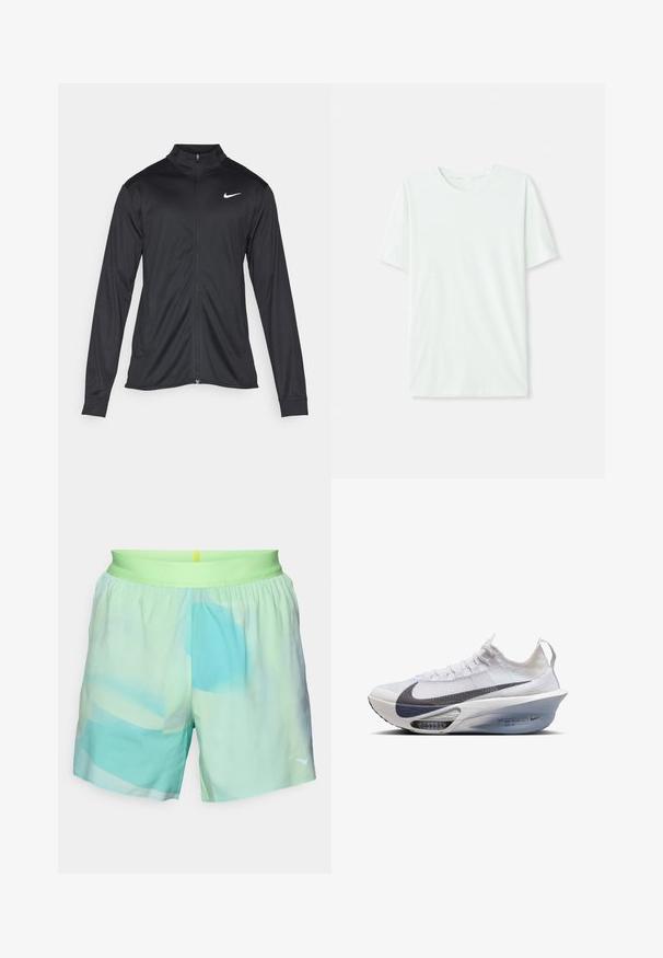 Must värvi sportlik jakk pikkade varrukatega, krae ja täispikk tõmblukk. Ülemises vasakus rinnas on diskreetne valge Nike logo. Sile tekstuur.; Heleheline mintroheline lühikeste varrukatega t-särk, mis on valmistatud pehmest kangast. Omab ümmargust kaelust ja lihtsat, sirget lõiget ilma kaunistusteta.; Meeste ujumishortsid, kerge kangas, pastelne gradatsiooni rohelises ja sinises, elastne vöökoht kollase aktsendiga, logo detail allosas.; Nike jooksujalats valges tekstiilis halli swoosh'iga, voolujooneline kuju, läbipaistev keskmine tall, kus on nähtav õhkpadding.