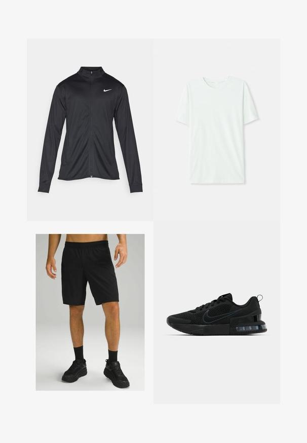 Must värvi sportlik jakk pikkade varrukatega, krae ja täispikk tõmblukk. Ülemises vasakus rinnas on diskreetne valge Nike logo. Sile tekstuur.; Heleheline mintroheline lühikeste varrukatega t-särk, mis on valmistatud pehmest kangast. Omab ümmargust kaelust ja lihtsat, sirget lõiget ilma kaunistusteta.; Mustad mustad lühikesed püksid elastse vöökohaga, valmistatud kergest kangast. Koos mustade sokkide ja massiivsete mustade tossudega.; Must must Ameerika must must must must must must must