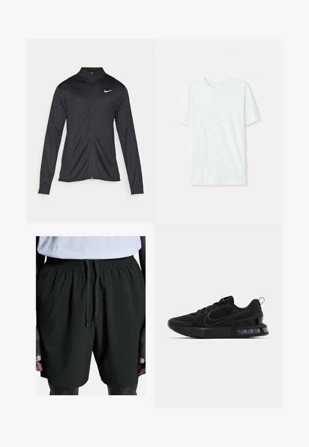 Zwarte sportjack met lange mouwen, kraag en volle rits. Voorzien van een subtiele Nike-logo in het wit op de bovenste linkerborst. Soepele textuur.; Licht mintgroen T-shirt met korte mouwen, gemaakt van zachte stof. Het heeft een ronde halslijn en een simpele, rechte snit zonder versieringen.; Zwarte sportieve shorts met een elastische tailleband en trekkoord. Beschikt over een gladde textuur en zijzakken, ontworpen voor comfort en bewegingsvrijheid.; Zwarte Nike sportschoen met een bovenwerk van mesh, rubberen zool, gepolsterde kraag en een opvallende transparante hakaccent.