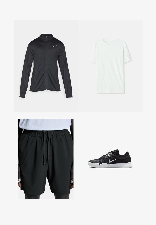 Giacca sportiva nera con maniche lunghe, colletto e zip completa. Presenta un logo Nike in bianco sulla parte superiore del lato sinistro del petto. Tessuto morbido.; T-shirt corto a maniche corte di un leggero verde menta, realizzato in tessuto morbido. Presenta un colletto a girocollo e una silhouette semplice e dritta senza decorazioni.; Pantaloni sportivi neri con vita elastica e cordino. Presentano una texture liscia e tasche laterali, progettati per comfort e mobilità.; Scarpa sportiva nera con tomaia testurizzata, logo Nike swoosh bianco e suola in gomma bianca. Presenta un design con lacci e una forma dinamica.