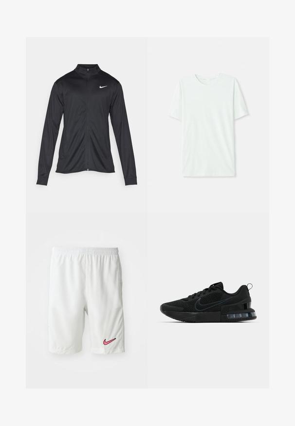 Melna sporta jaka ar garām piedurknēm, apkakli un pilnu rāvējslēdzēju. Uz kreisā krūts augšdaļas ir maigs Nike logo baltā krāsā. Gluda tekstūra.; Gai mints zaļš īsu piedurkņu T-krekls, izgatavots no mīkstas auduma. Tam ir apaļa kakla izgriezuma forma un vienkāršs, taisns griezums bez rotājumiem.; Baltas sporta šortus izgatavoti no viegla auduma. Tai ir elastīga josta un rozā Nike zīmols apakšējā kreisajā kājā.; Melnas Nike sporta kurpes ar sietu augšpusi, gumijas zoli, polsterētu apkakli un izteiktu caurspīdīgu papēdi.