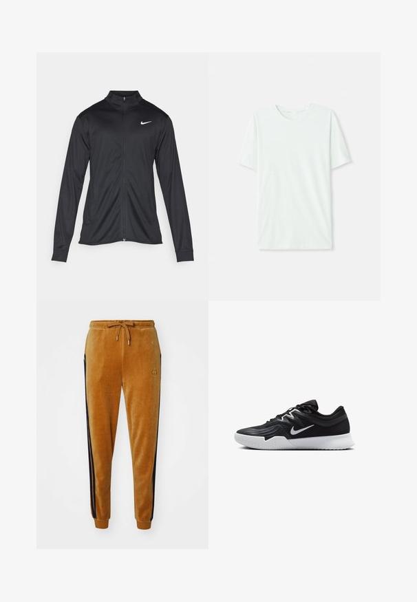 Černá sportovní bunda s dlouhými rukávy, límcem a plným zipem. Má decentní bílou logo značky Nike na horní levé části hrudi. Hladká textura.; Světle máková zelená krátkosrstá tričko vyrobené z měkké tkaniny. Má kulatý výstřih a jednoduchý, rovný střih bez ozdob.; Sofistikované joggingové kalhoty ve žluté hořčicové barvě s elastickým pasem na šňůrku, bočními námořnickými pruhy a logem na levém stehně. Měkká textilie s tapered manžetami.; Černá atletická bota s texturovaným svrškem, bílým logem Nike a bílou gumovou podrážkou. Disponuje šněrovacím designem a dynamickým tvarem.