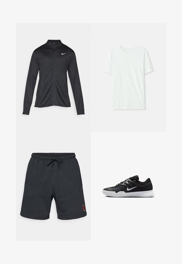 Μαύρο αθλητικό μπουφάν με μακριά μανίκια, γιακά και πλήρη φερμουάρ. Διαθέτει ένα διακριτικό λευκό λογότυπο της Nike στη πάνω αριστερή πλευρά του στήθους. Λείος υφασμάτινος χαρακτήρας.; Φωτεινό μέντα πράσινο κοντομάνικο μπλουζάκι από μαλακό ύφασμα. Διαθέτει στρογγυλή λαιμόκοψη και απλή, ευθεία γραμμή χωρίς διακοσμήσεις.; Σκούρο γκρι βερμούδα από μείγμα βαμβακιού, με ελαστική μέση και κορδόνι ρύθμισης, καθώς και μικρό πολύχρωμο λογότυπο στο κάτω άκρο.; Μαύρο αθλητικό παπούτσι με υφή στο επάνω μέρος, λευκό σήμα Nike και λευκή καουτσούκ σόλα. Διαθέτει σχέδιο με κορδόνια και δυναμικό σχήμα.