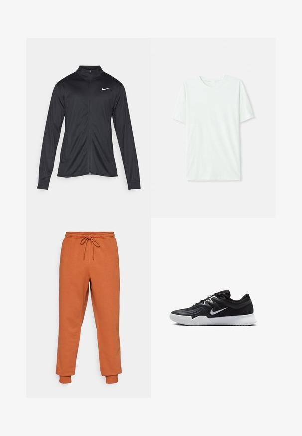 Fekete sportdzseki hosszú ujjal, gallérral és teljes cipzárral. Diszkrét fehér Nike logóval az upper bal mellen. Sima textúra.; Világos menta zöld, rövidujjú póló, puha anyagból készült. Kerek nyakkivágással és egyszerű, egyenes szabással rendelkezik, díszítések nélkül.; Narancssárga melegítőnadrág, rugalmas derékpánttal és állítható zsinórral. Bokáknál passzés kialakítású. Puha anyagból készült, sima textúrával.; Fekete sportcipő texturált felsőrésszel, fehér Nike logóval és fehér gumitalppal. Fűzős kialakítással és dinamikus formával rendelkezik.