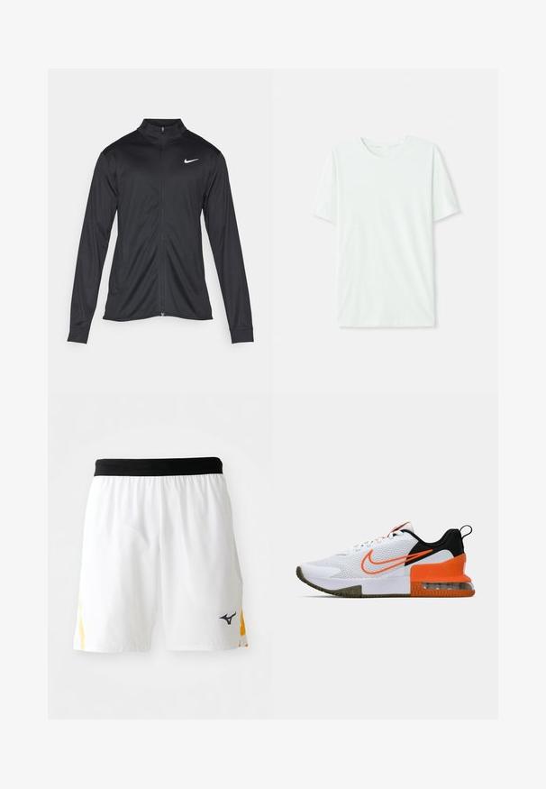 Giacca sportiva nera con maniche lunghe, colletto e zip completa. Presenta un logo Nike in bianco sulla parte superiore del lato sinistro del petto. Tessuto morbido.; T-shirt corto a maniche corte di un leggero verde menta, realizzato in tessuto morbido. Presenta un colletto a girocollo e una silhouette semplice e dritta senza decorazioni.; Pantaloni sportivi bianchi con cintura elastica nera e accenti gialli sui lati, con un piccolo logo di marca sportiva nera sulla gamba destra.; Scarpa sportiva bianca con tomaia in mesh testurizzato, dettagli neri e arancioni, una suola in gomma spessa e una sezione di cuscino d'aria trasparente nel tallone.