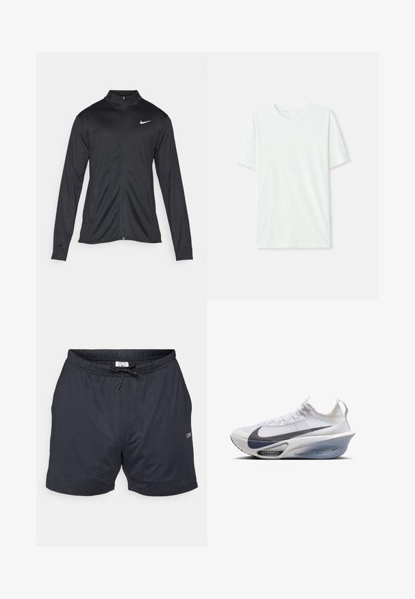 Musta urheilutakki pitkillä hihoilla, kauluksella ja kokonaisella vetoketjulla. Täydentää hienovarainen Nike-logo valkoisena vasemmassa ylärinnassa. Litteä pinta.; Vihreä mintun värinen lyhythihainen t-paita, joka on valmistettu pehmeästä kankaasta. Siinä on pyöreä kaula-aukko ja yksinkertainen, suora leikkaus ilman koristeita.; Musta urheilushortsit, jotka on valmistettu kevyestä ja hengittävästä kankaasta. Ominaisuuksiin kuuluu joustava vyötärönauha, jossa on nauhakuuloke, sivutaskut ja teksturoitu kuvio.; Nike juoksukengät valkoisesta kankaasta, harmaalla swooshilla, virtaviivaisella muotoilulla, läpinäkyvällä välipohjalla ja näkyvällä ilmatyynyllä.