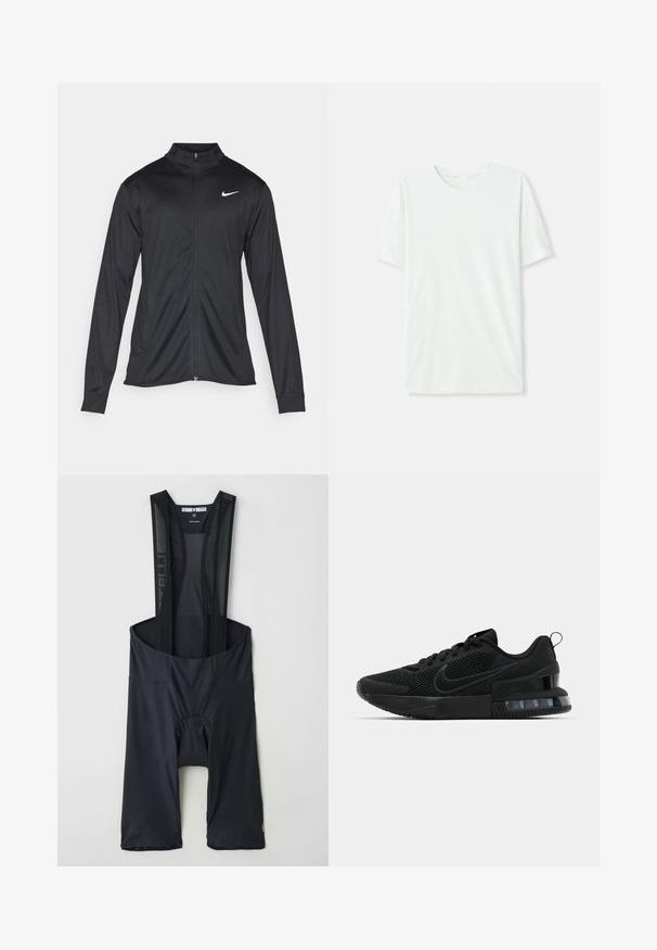 Black athletic jacket with long sleeves, collar, and full zipper. Features a subtle Nike logo in white on the upper left chest. Smooth texture.; Light mint green short-sleeve t-shirt made of soft fabric. Features a crew neckline and a simple, straight cut without embellishments.; Black cycling bib shorts with mesh straps, elastic material, padded seat area, and logo detail near the hem. Lightweight and fitted design.; Black Nike athletic shoe featuring a mesh upper, rubber sole, padded collar, and a distinct transparent heel accent.